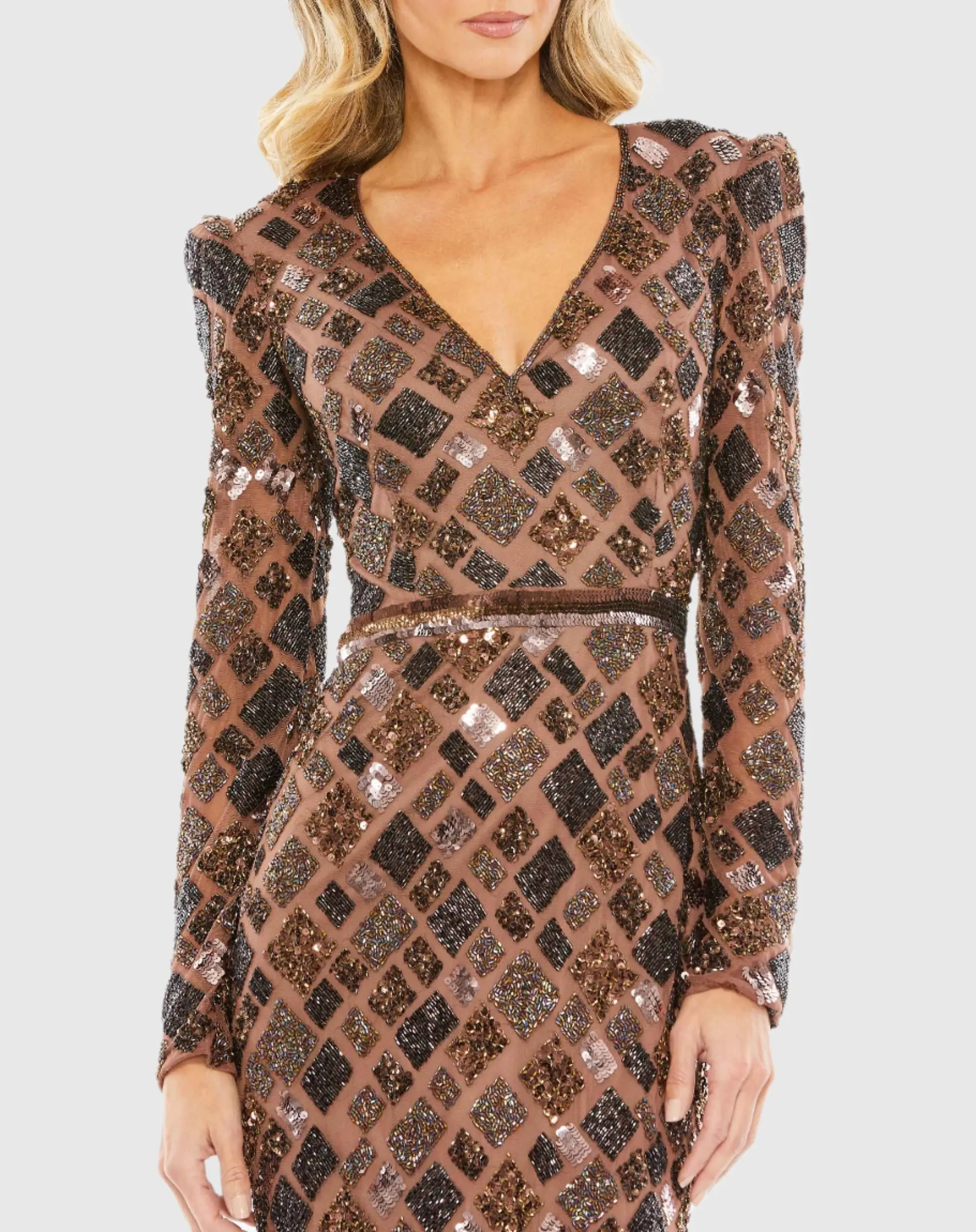 Brown Geo Embellished Midi Sheath Dress - Special Events Unlimited