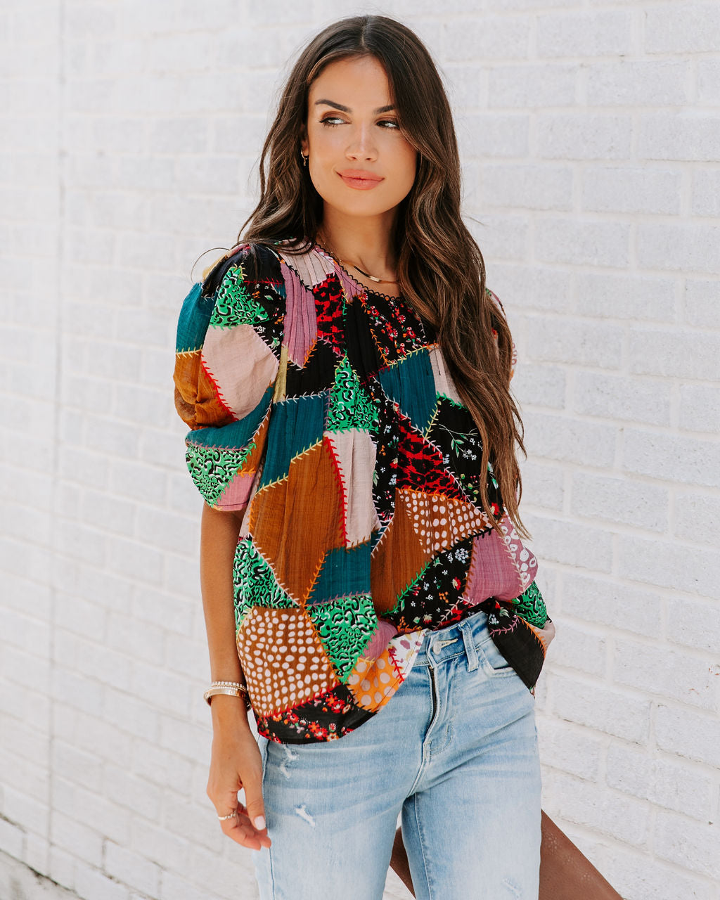 Sally Patchwork Puff Sleeve Top - Se7enfashion