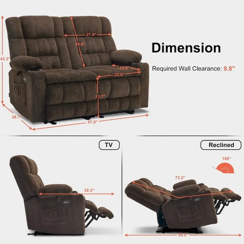 MCombo Power Loveseat Recliner, Electric Reclining Loveseat Sofa with Heat and Vibration, Cupholders, USB Charge Ports RS6314
