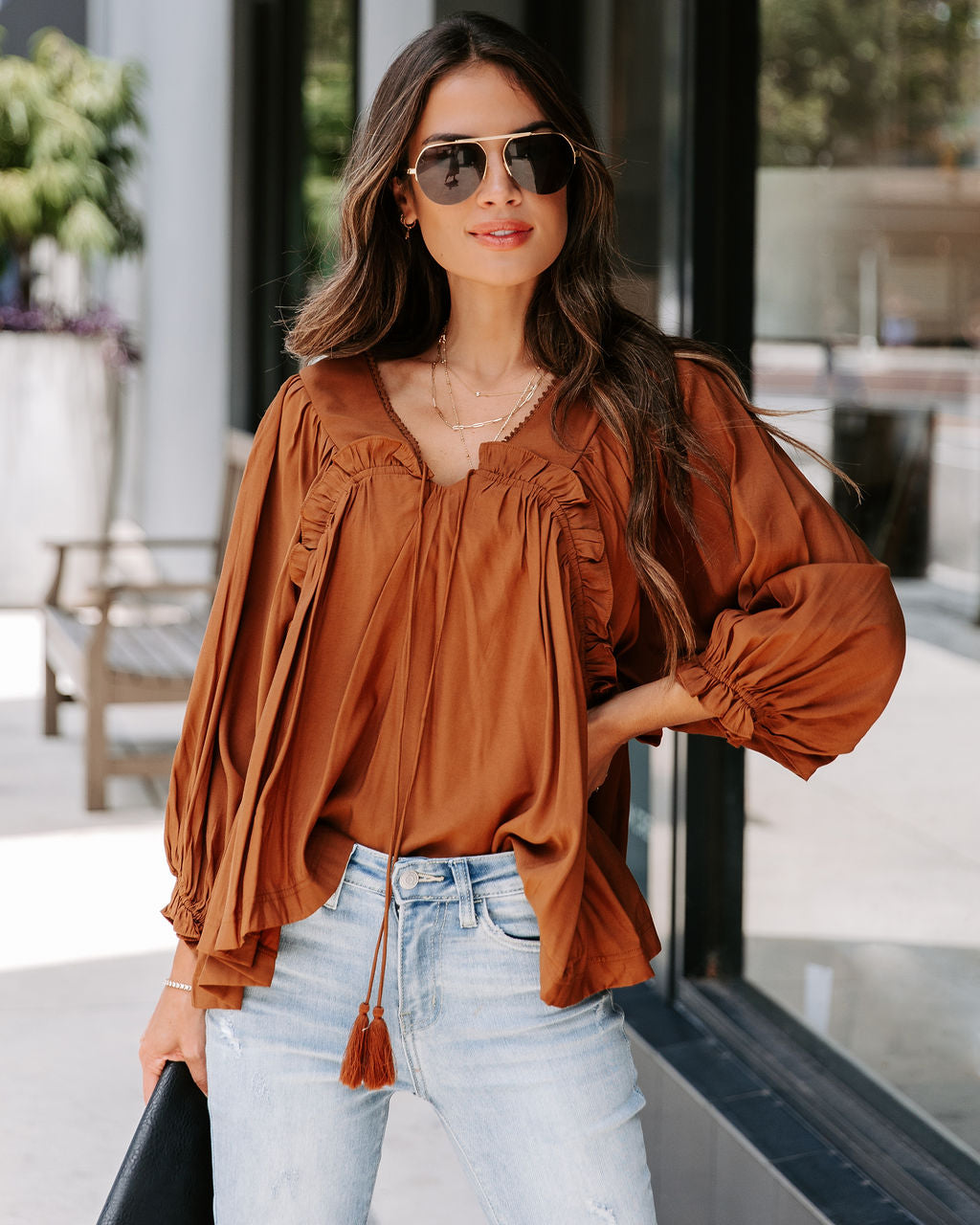 Arrow Ruffle Tassel Tie Top - Cinnamon - SALE - Se7enfashion
