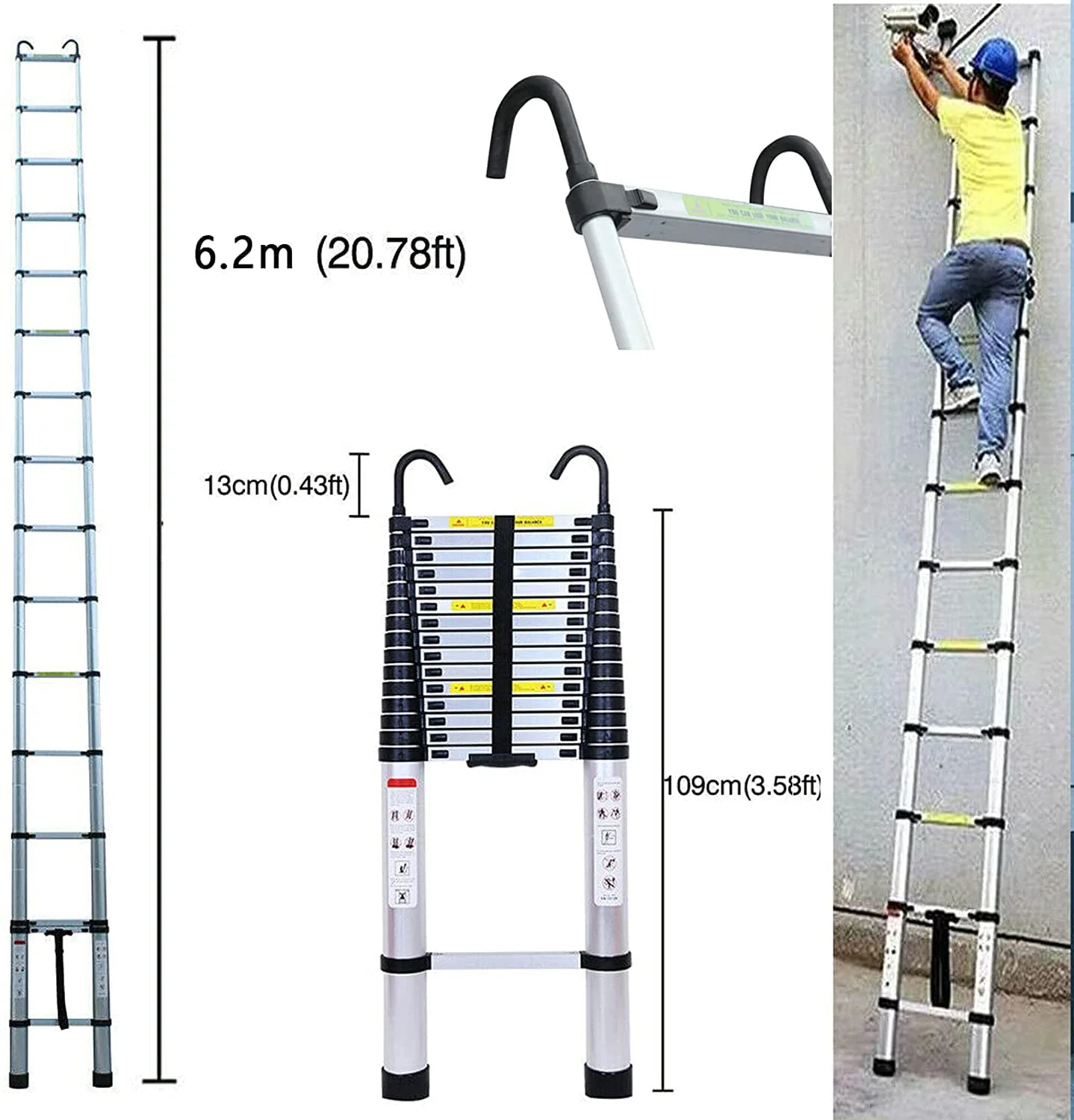 Dayplus Telescoping Ladder 20FT Telescopic Extension Ladder Aluminum Extendable Lightweight Ladder Steps Safety Collapsible Ladder - Image 2
