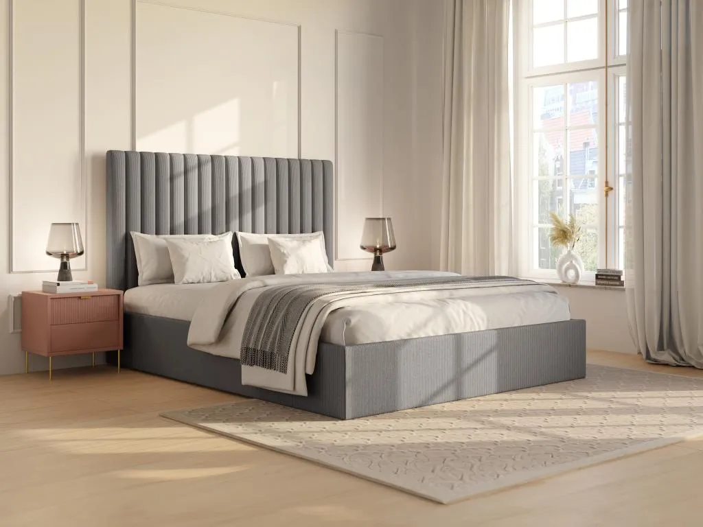 Canapé abatible de 160x200 cm con cabecero acolchado de costuras verticales - Pana - Gris Colchón - Lluesmahome 99079DHOP