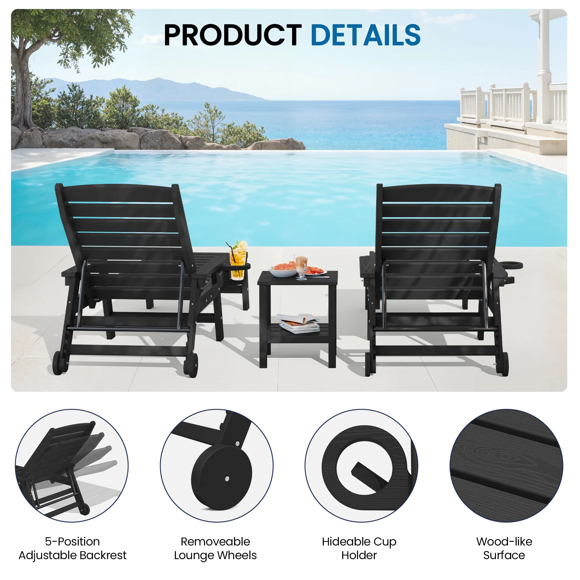 SERWALL Patio Chaise Lounge Chair, 78'' HDPE Outdoor Lounge Chair 5 Positions Pool Lounger Navy Blue - Image 85