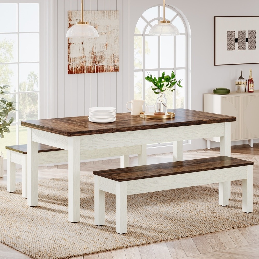 WAYFAIR Farmhouse Dining Table Set For 4-6, Kitchen Table With 2 Benches