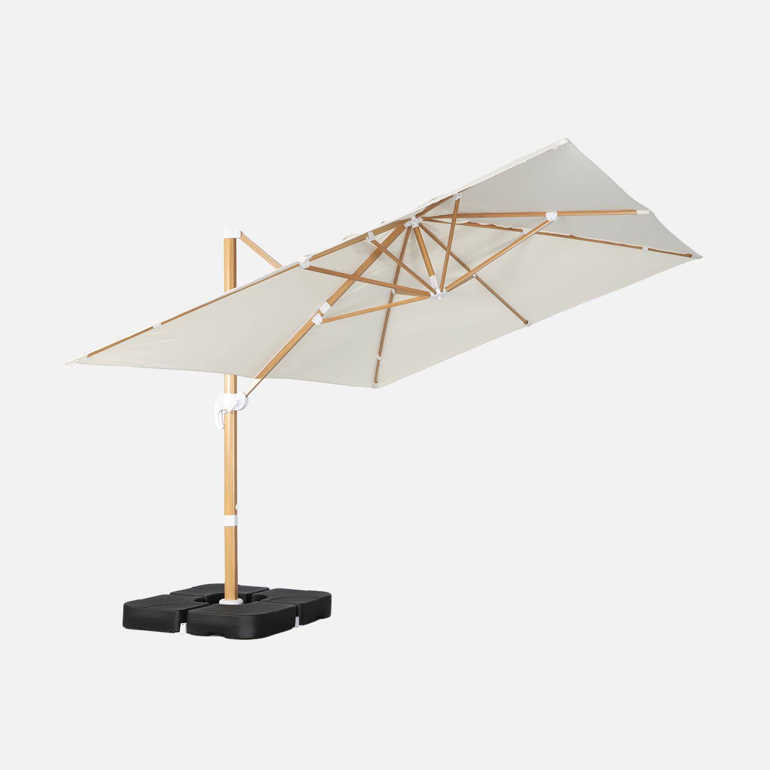 Wimereux + Dalles - Parasol rectangular excéntrico poste efecto madera, 3x4m + placas de lastre 50x50cm