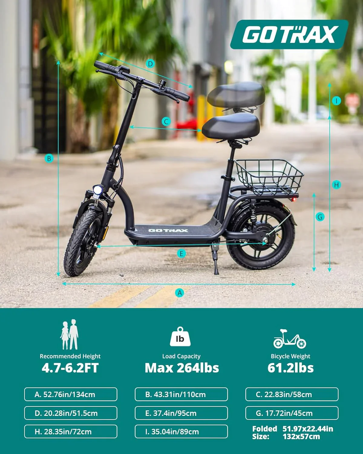 Gotrax adult electric scooter with seat maximum range of 19-25 miles all-terrain tires wide pedals