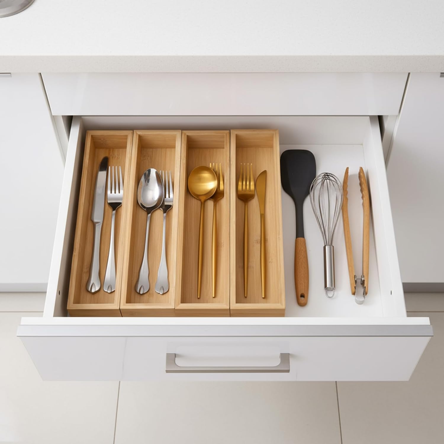 4 Pcs Bamboo Drawer Organizer Stackable Utensil Organizer for Kitchen Bamboo Storage Box Wood Silverware Tray for Drawer, Dresser, Bathroom 12