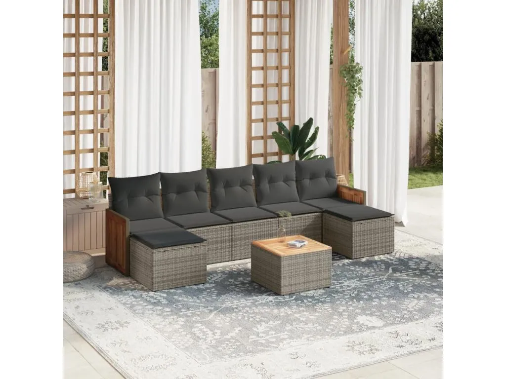 Set de sofás de jardín 8 piezas y cojines ratán sintético gris qpom81619