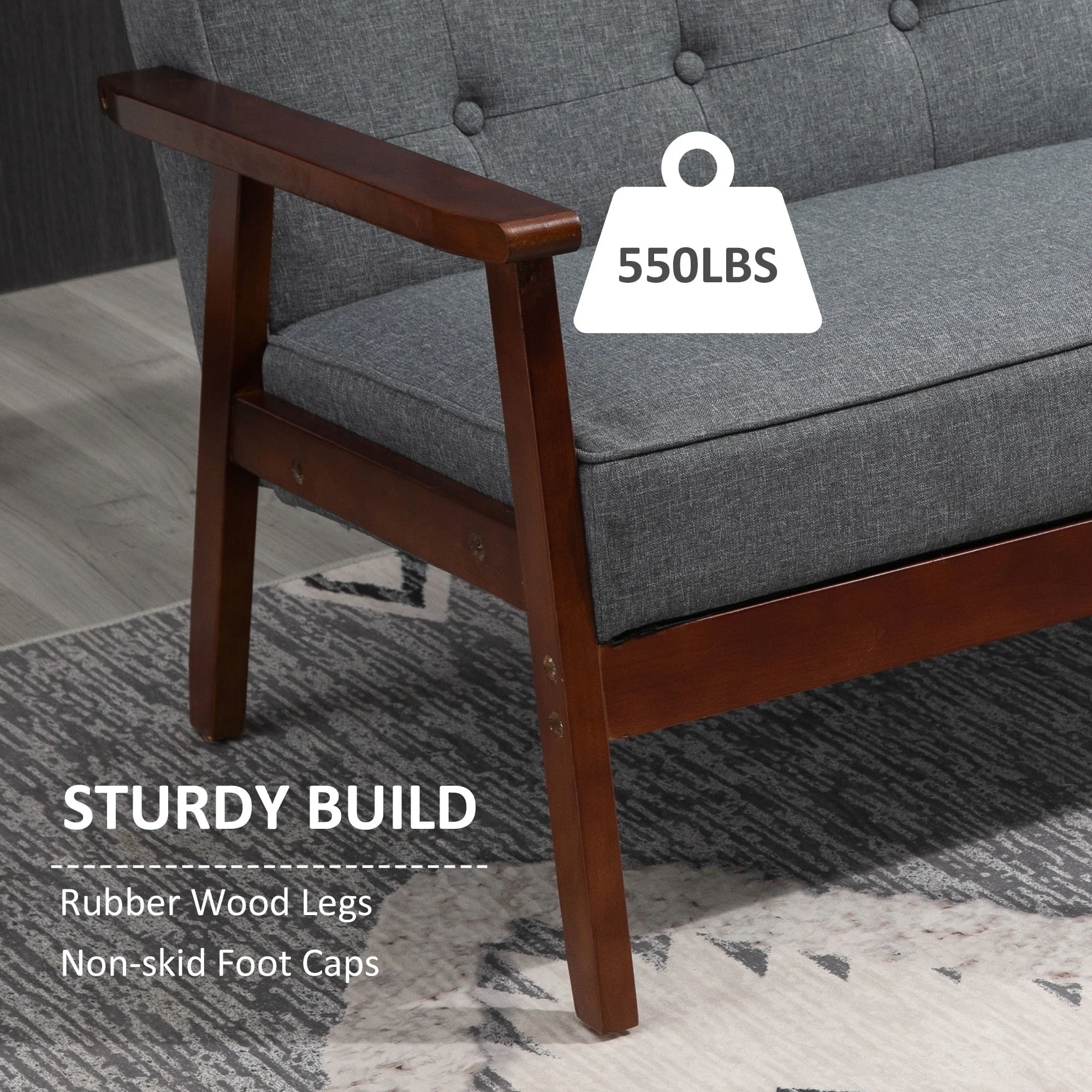 HOMCOM Modern Upholstered 2-Seat Loveseat Sofa with Linen-Touch Fabric and Rubberwood Legs, Grey - Image 4
