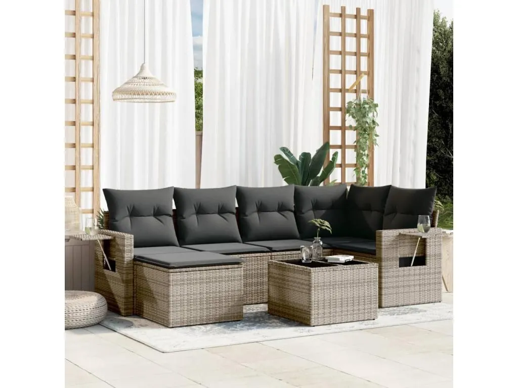 Alkifurniturees Set de sofás de jardín 7 piezas con cojines ratán PE gris OYLJ74847