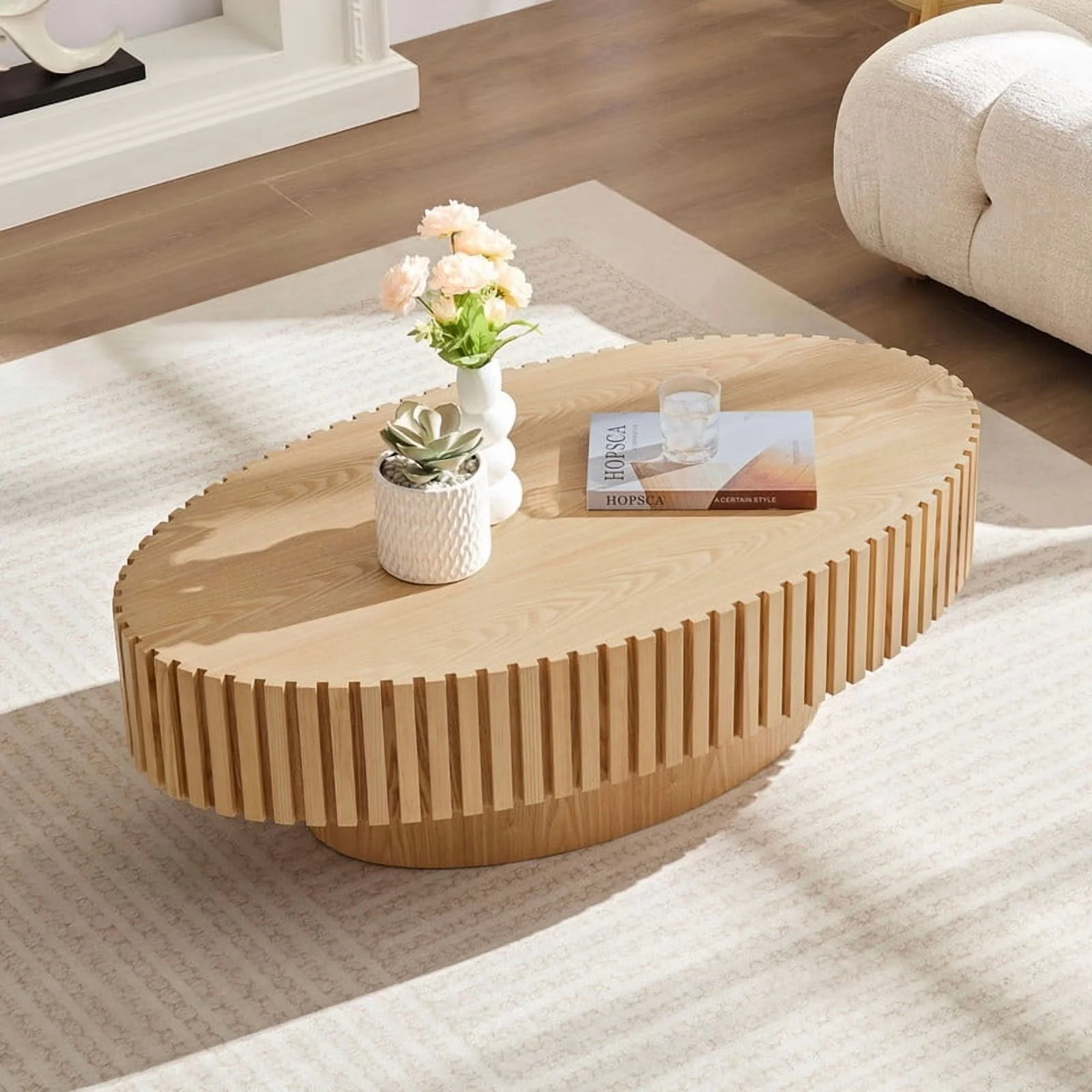 FFH 43.7 inch Oval Coffee Table for Living Room,Handcraft Rustic Corner Coffee Table Nature Wood Relief Sturdy Pedestal for Apartmen,Side Table Centre Table,Nature Wood - Image 55
