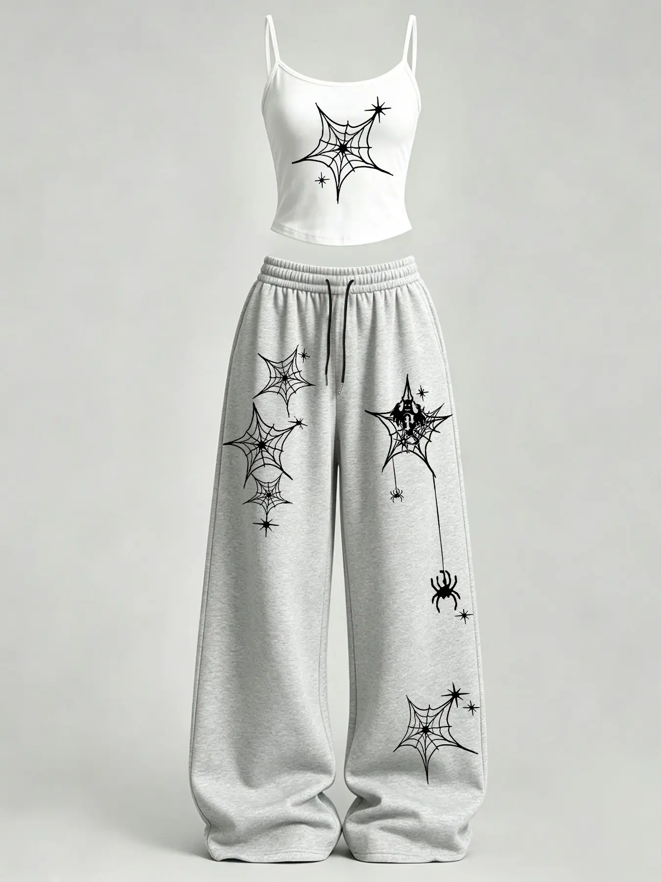 Women's Casual Spider Web Print Slim Fit Tank Top + Loose Baggy Pants Set TeeThreads Sustain the Scene with Custom Apparel