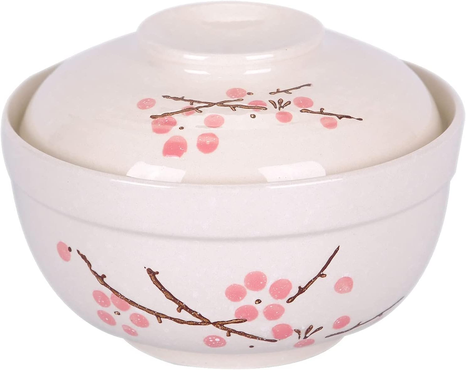 WHJY Japanese Creative Hand-painted Ceramic Tableware with Lid for Soup and Noodles, with Heat Preservation Function, Integrated Bowl and Lid - Blue Plum