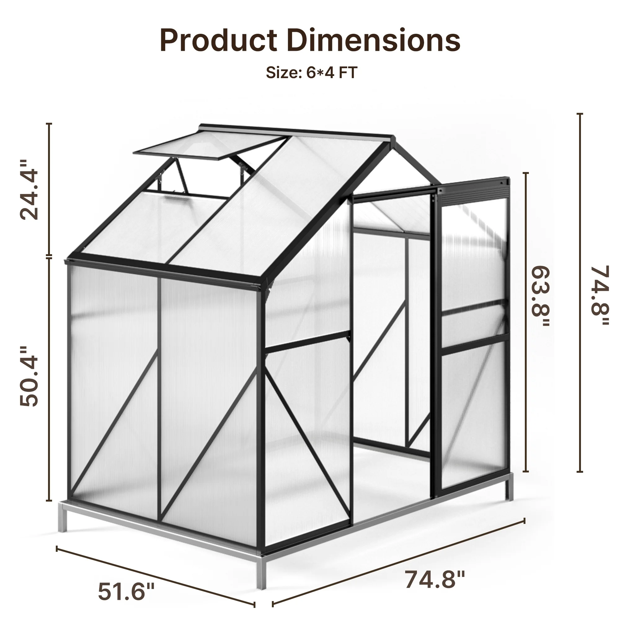 Asofer 6' x 4' Greenhouse for Outdoors, Aluminum Walk-in Green Houses shed with Rain Gutter and Roof Vent for Backyard - Image 4