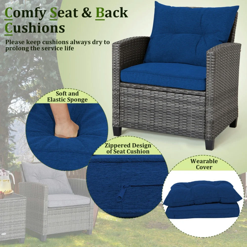 Kadyn Outdoor Seating Sets,Garden Conversation Sets,3 Pieces Outdoor Wicker Conversation Set with Tempered Glass Tabletop-Navy - Image 4