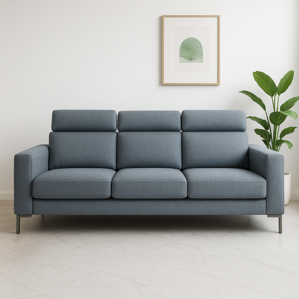 Sofá moderno de tela azul para sala de estar, 3 plazas, combinación perfecta de confort y estilo.