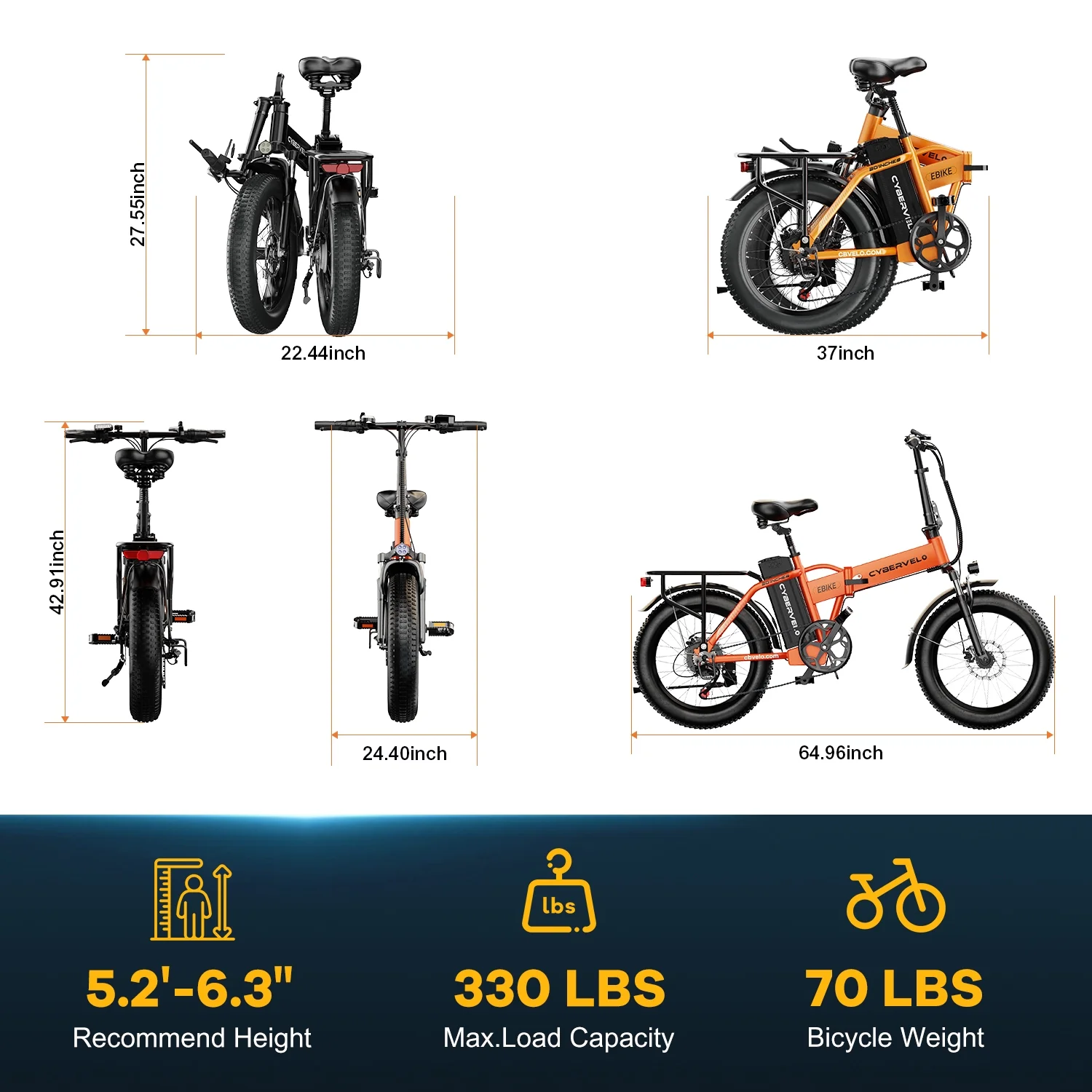 Cybervelo 1000W Folding Electric Bike, 48V 960WH Large Removable Battery E-Bike, 30+MPH, 80 Miles Max Range, 20" Fat Tire Electric Bike for Adults, Adult Electric Bicycles for Commute - Image 2