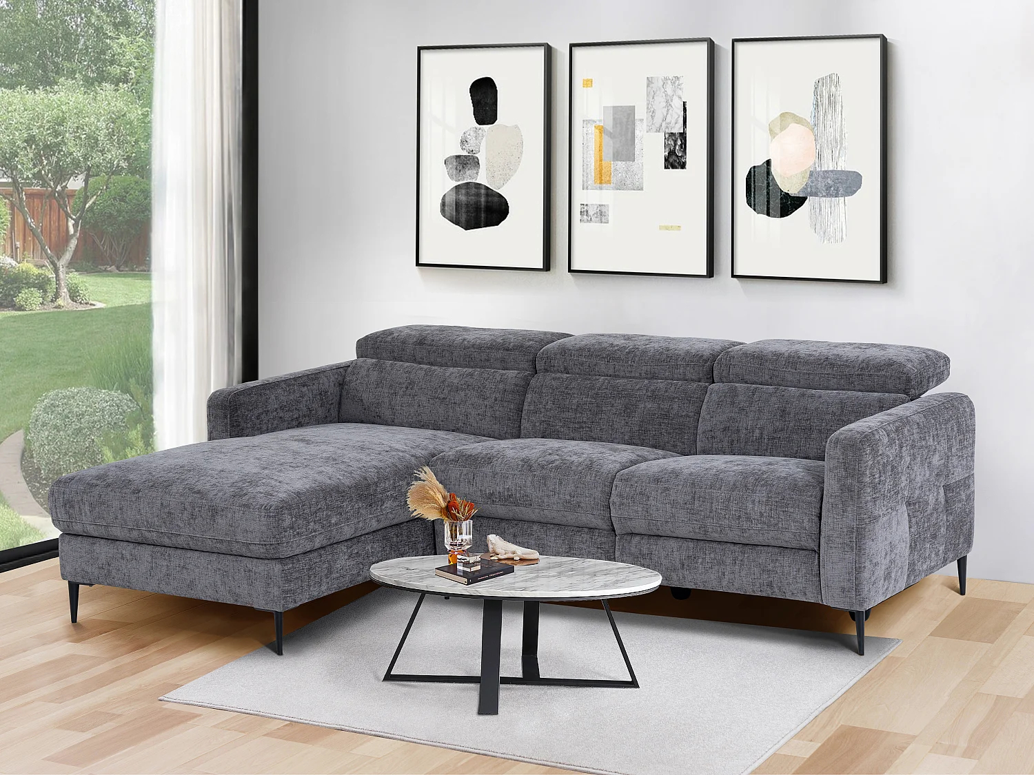 Sofá rinconera relax eléctrico de tela gris antracita FUSETA