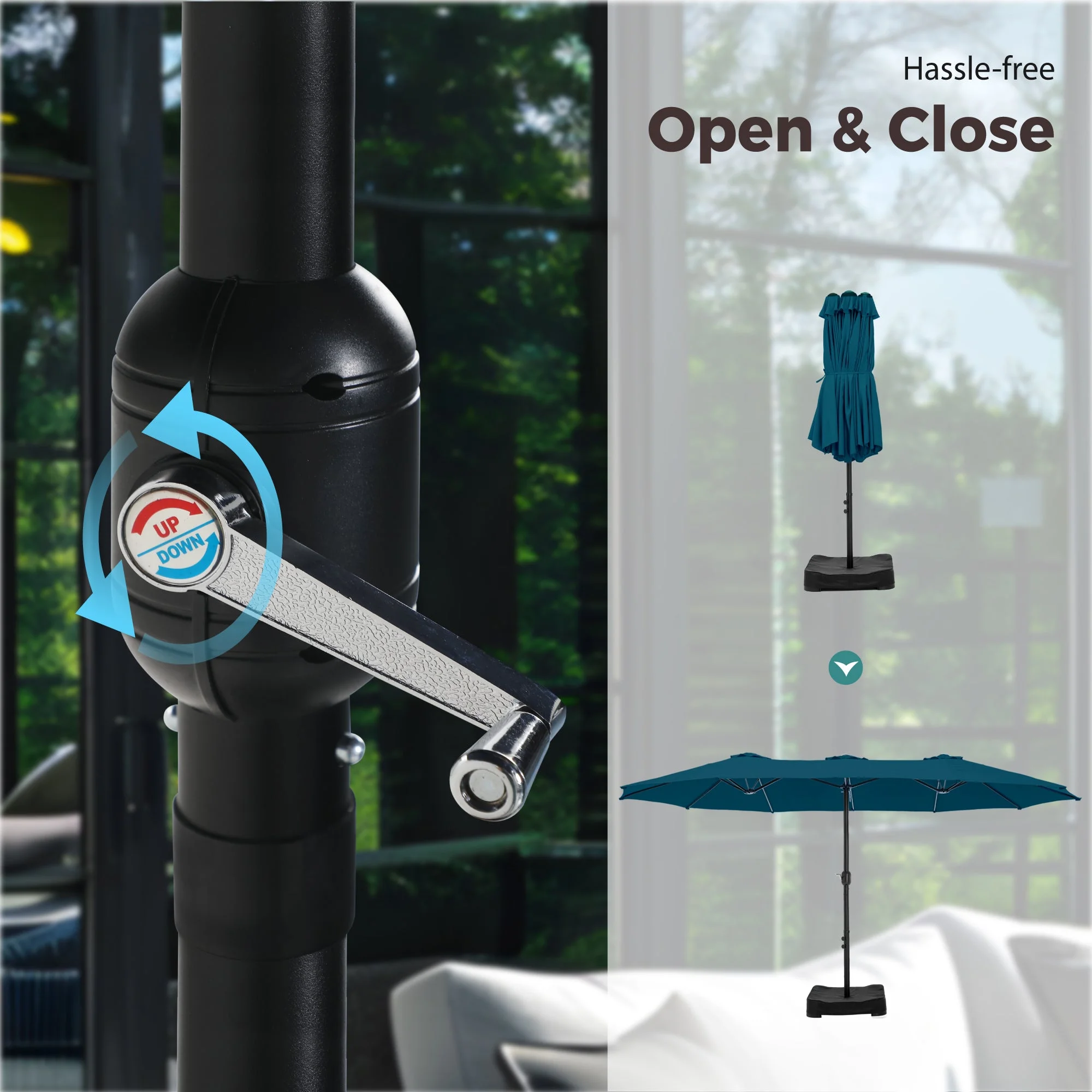 Alpha Joy 15ft Outdoor Patio Umbrella Extra-Large Double-Sided Garden Umbrella with Crank Handle and Base - Smoky Gray - Image 33