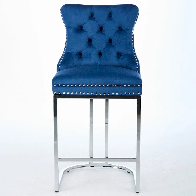 Contemporary Set of 2 Bar Stools with Button-Tufted Back and Studded Trim, Chrome Metal Base - Ideal for Dining Room, Living Room, and Bedroom