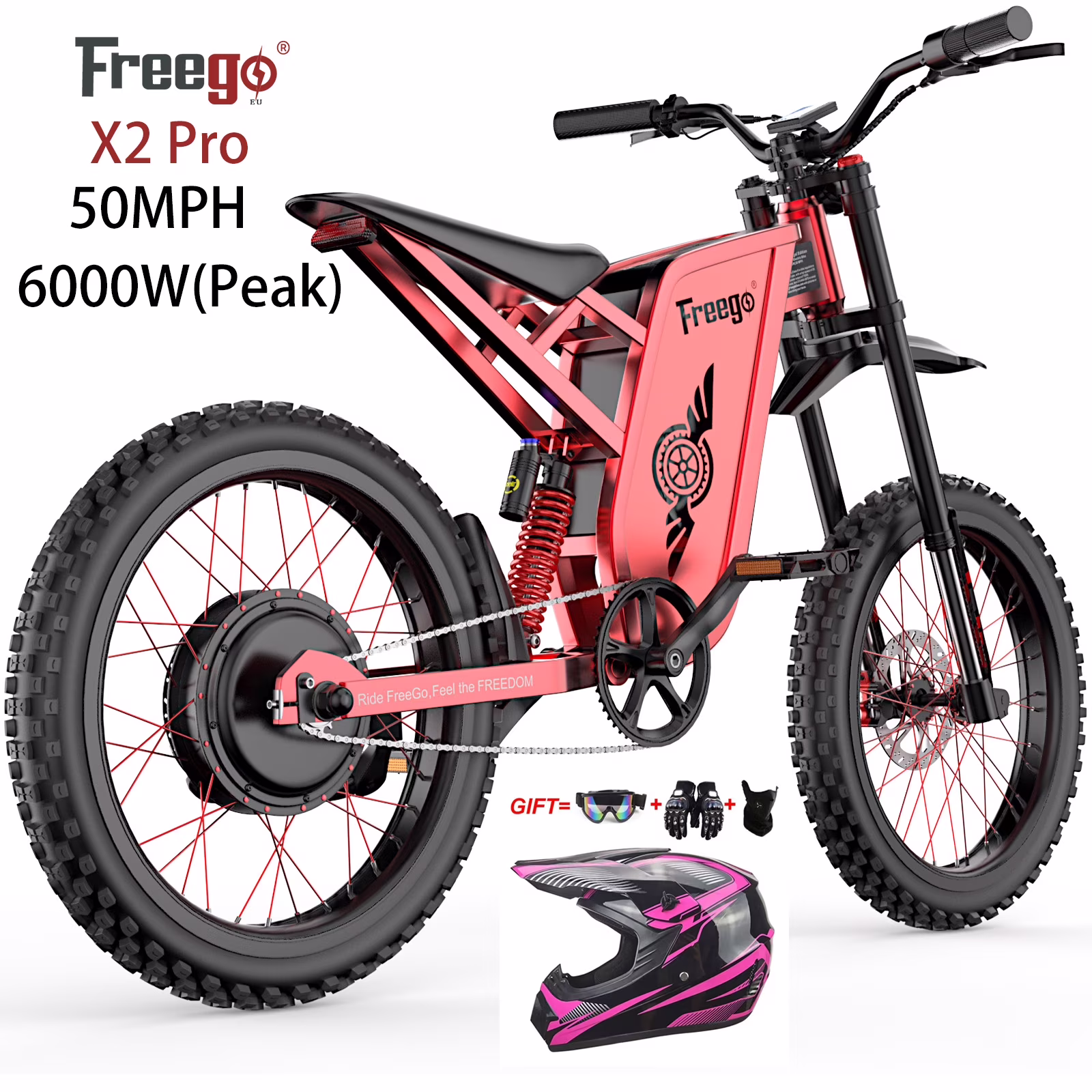 6000W(Peak) Motor 60V/35ah Battery, Freego X2pro Electric Motorcycle for Adults, Electric Bike 50MPH/7 Speed Off Road Electric Bicycle, 19x2 Full Suspension/Four - Piston Hydraulic Brake UL2849MTB(Red)