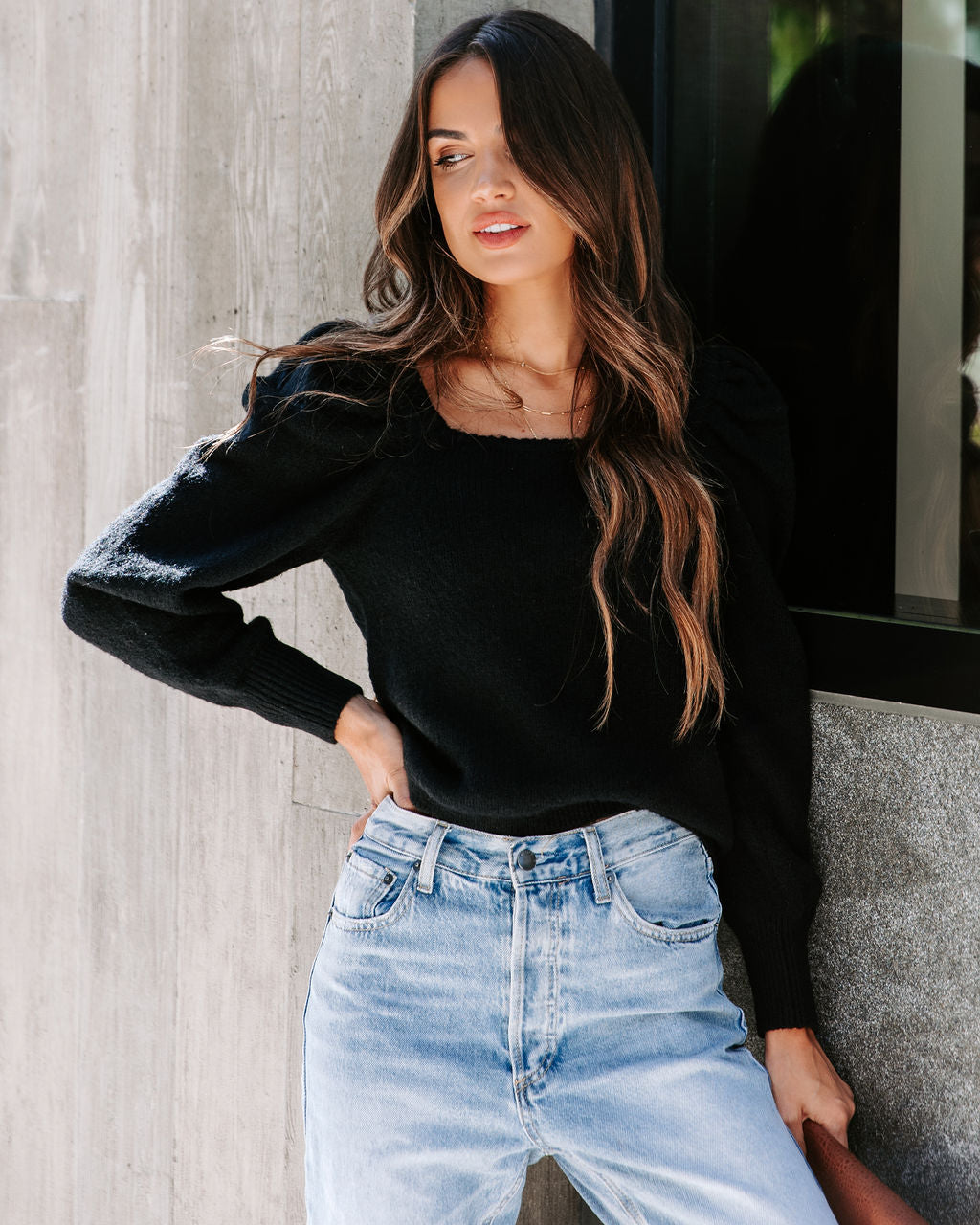 Arianna Knit Puff Sleeve Sweater - Black - Se7enfashion