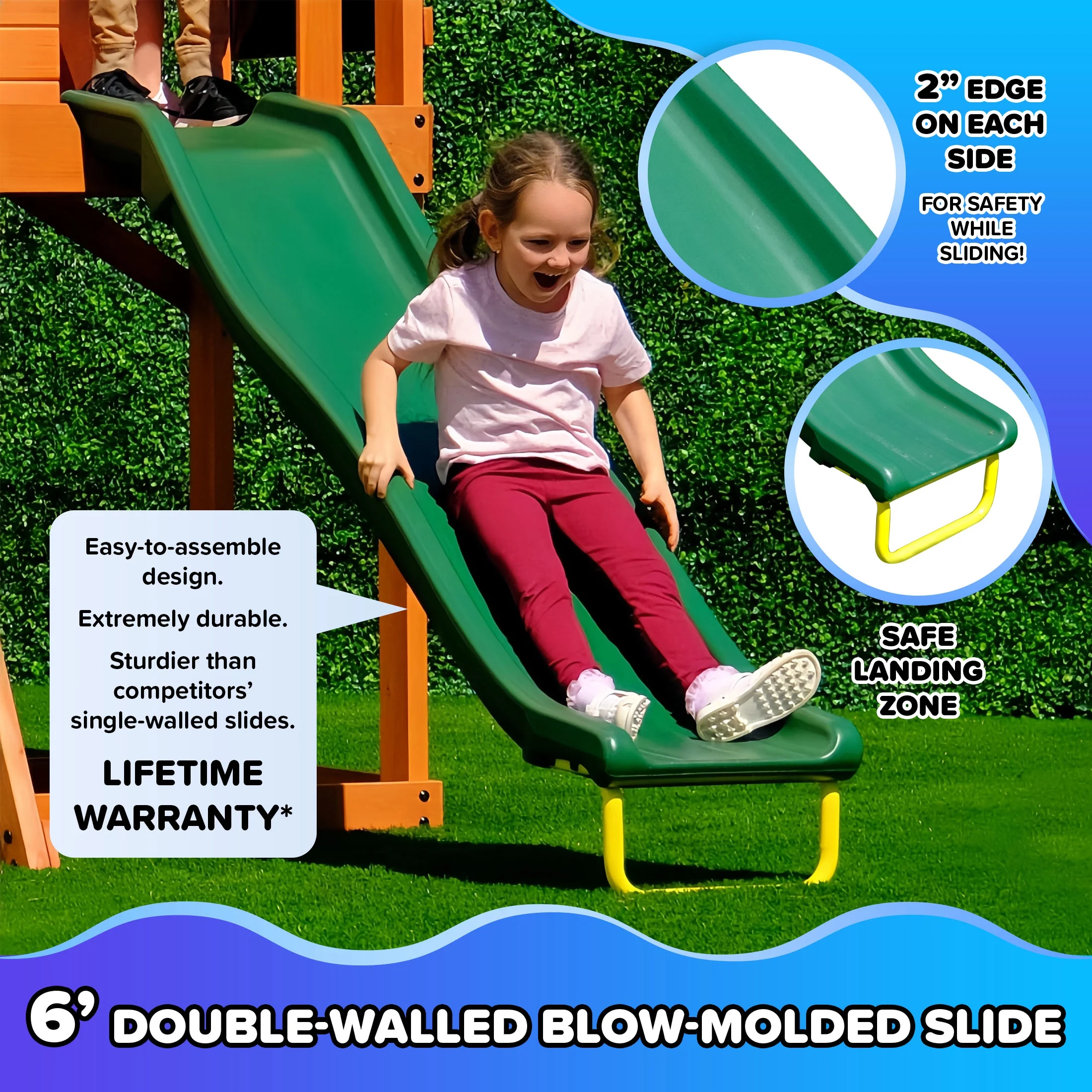 Sportspower Amelia Wooden Swing Set with 2-Person Saucer Swing, 6' Blow Molded Slide, Swing, Play Fort, Heavy Duty Double A-Frame, Lifetime Warranty on Slide - Image 3