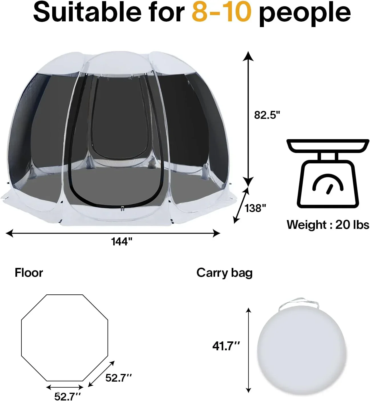 Screen gazebo sleeps 6-10-15 people Igloo-style canopy tent mosquito net on the sides Perfect