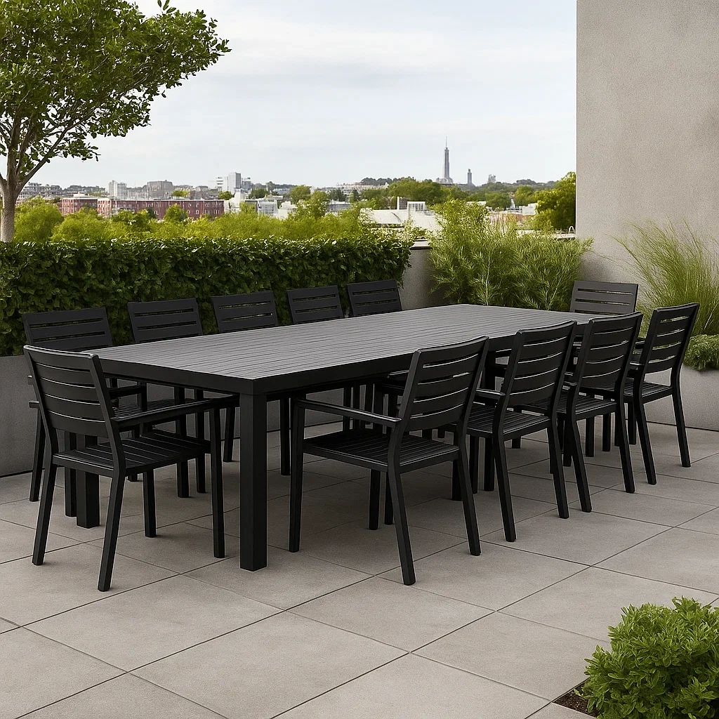 Conjunto de Comedor de Jardín Rectangular para 11 Personas, Estructura de Acero, Incluye 1 Mesa y 11 Sillas, Color Negro - KVdWYof191Qh