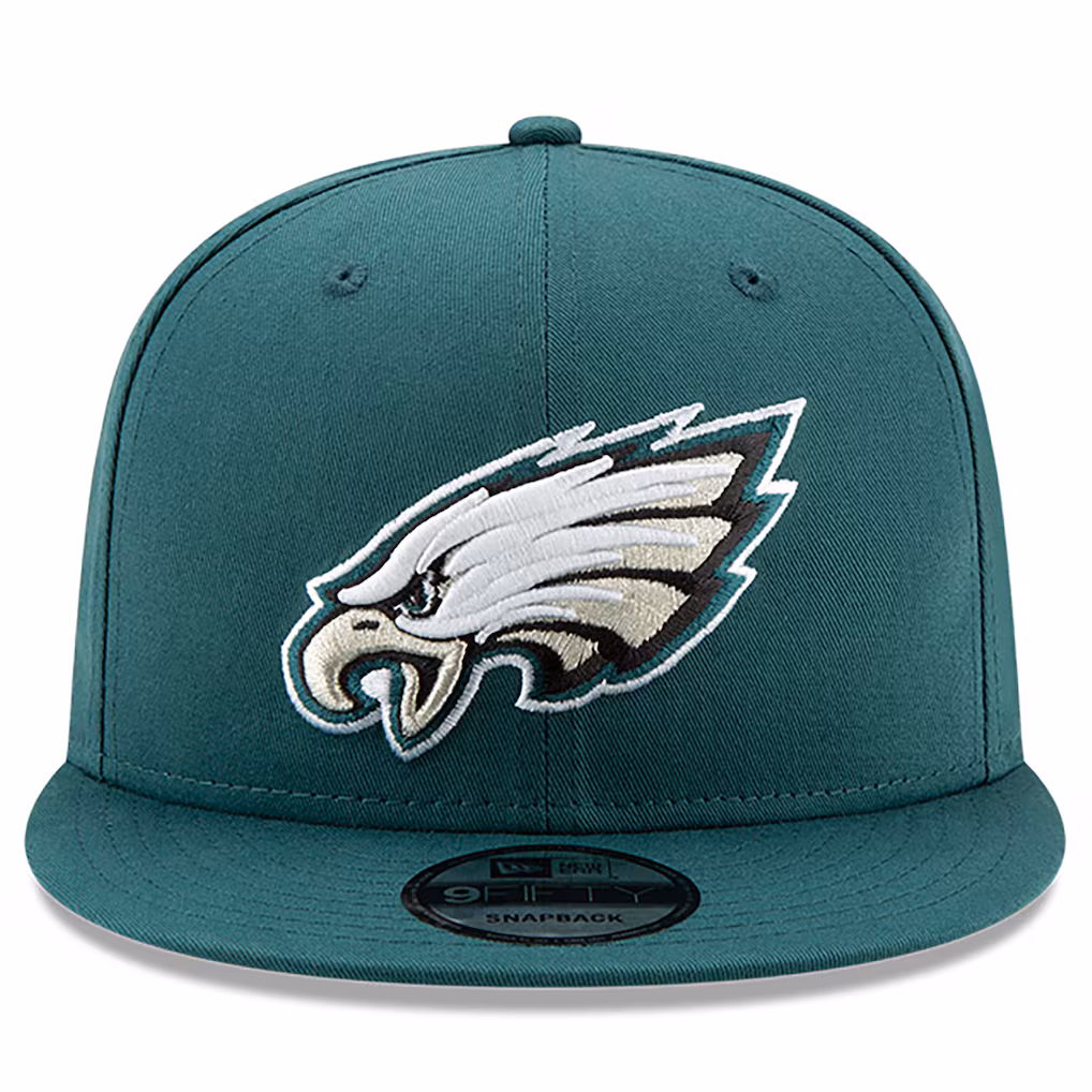 Front view of the New Era Philadelphia Eagles Midnight Green 9FIFTY Snapback Hat featuring the raised embroidery team logo.