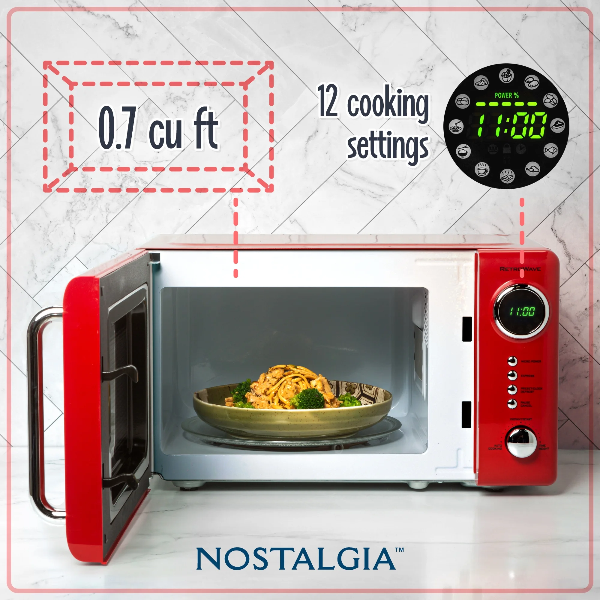 Nostalgia Retro Compact Countertop Microwave Oven - 0.7 Cu. Ft. - 700-Watts with LED Digital Display - Child Lock - Easy Clean Interior - Orange - Image 31