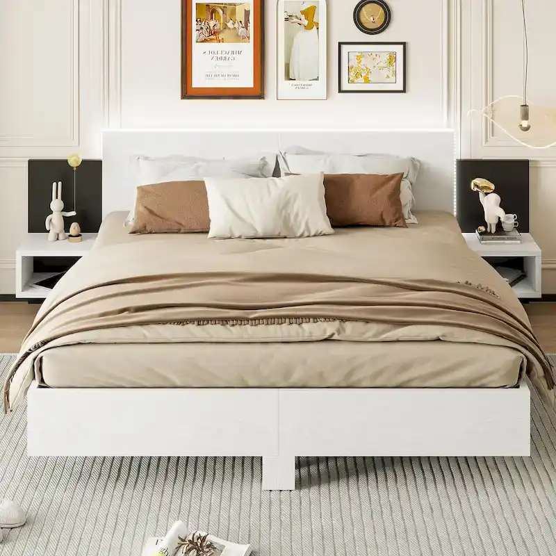 Modern King Size Wooden Floating Bed Frame with Nightstand and LED - Slatted Support Design