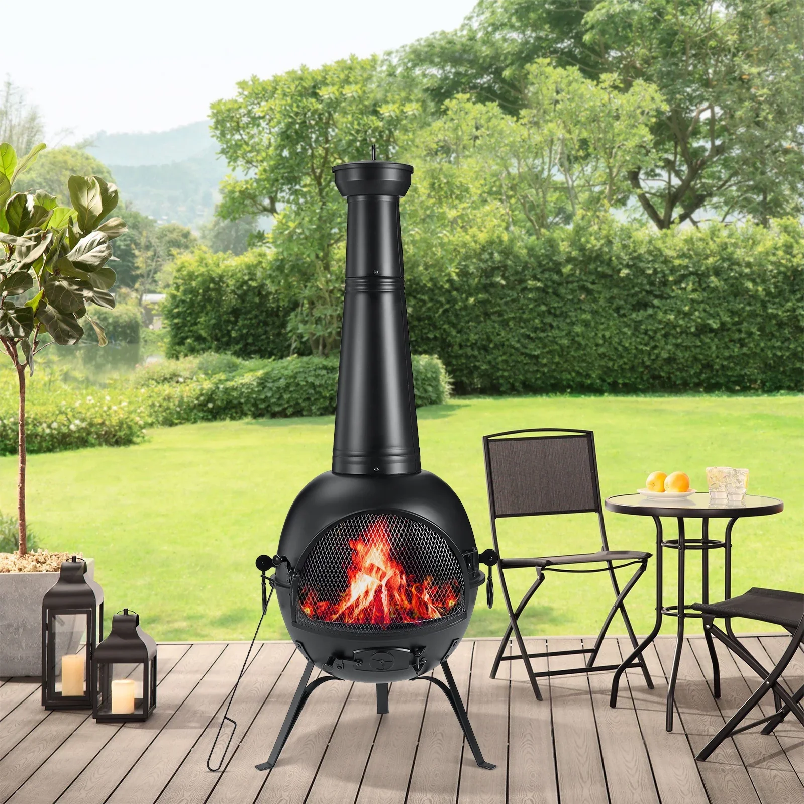 SinglyFire Chiminea Outdoor Fireplace Wood Burning Chimenea Metal Cast Iron Fire Pit with Cover Rain Lids for Backyard Garden Camping Patio Heater