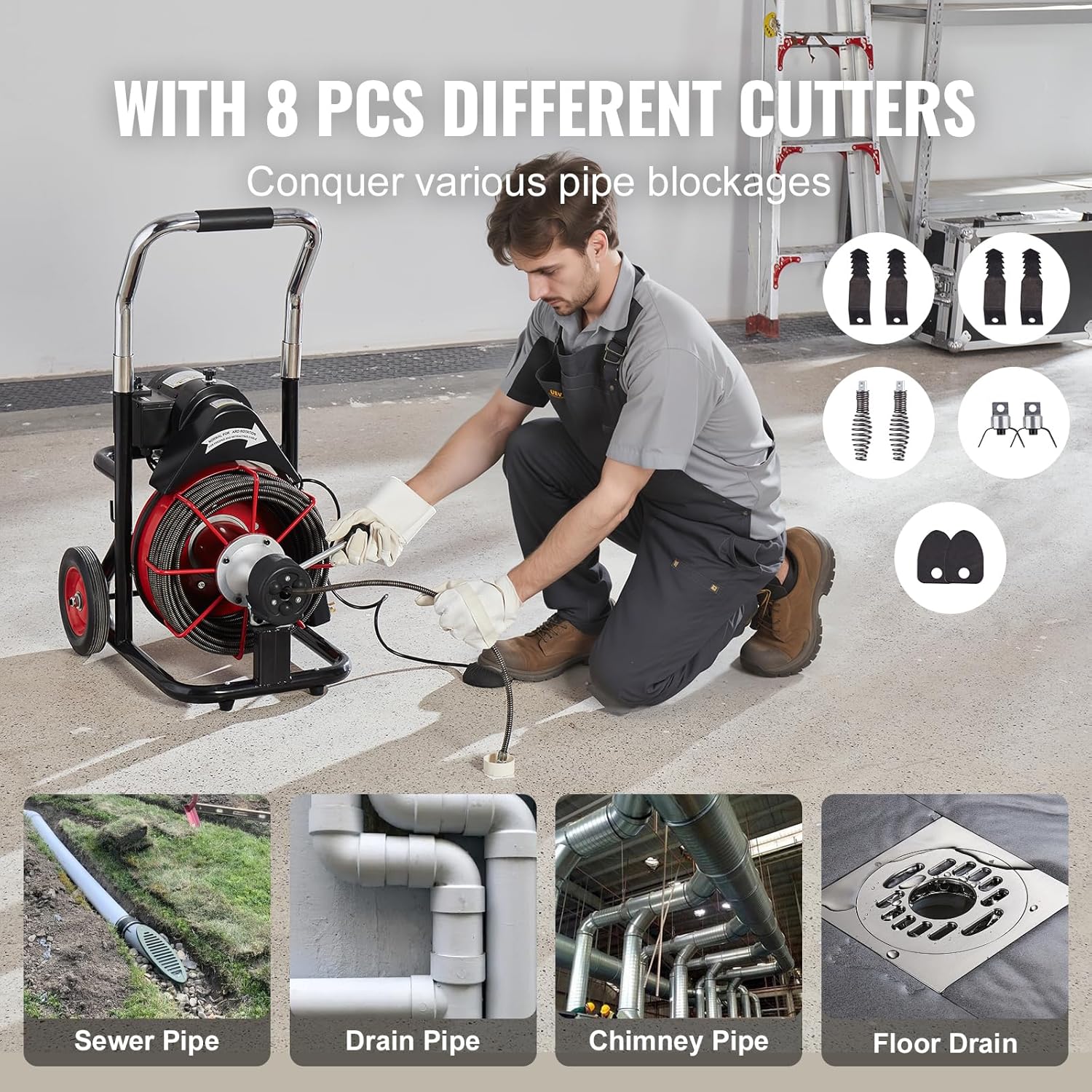 Drain Cleaner Machine 100FT x 1/2 Inch, Auto Feed Sewer Snake Auger on Wheels, 550W Portable Drain Cleaning Machine with 8 Cutters & Air-activated Foot for 2" to 4" Pipes