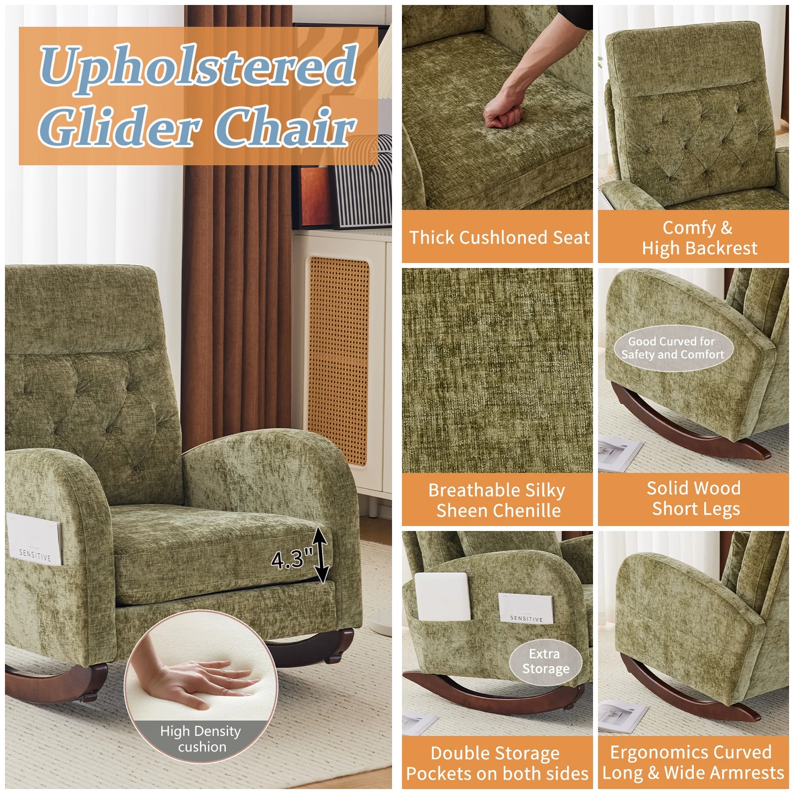 Ktaxon Rocking Accent Chair Glider Reading Chair Comfy Teddy Velvet Upholstered Single Sofa Rocker for Living Room, Nursery, Bedroom Beige - Image 44