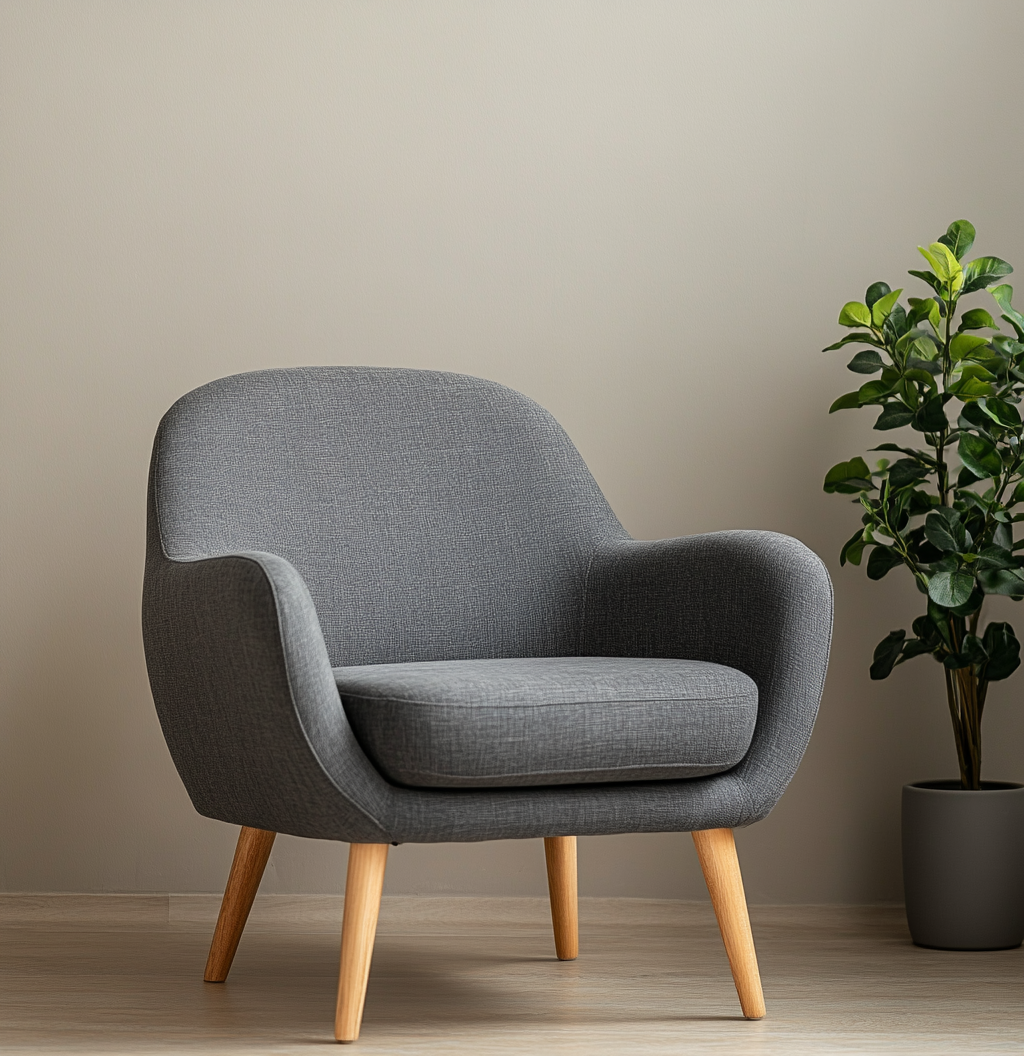 Sillón nórdico gris oscuro con patas de madera para salón moderno