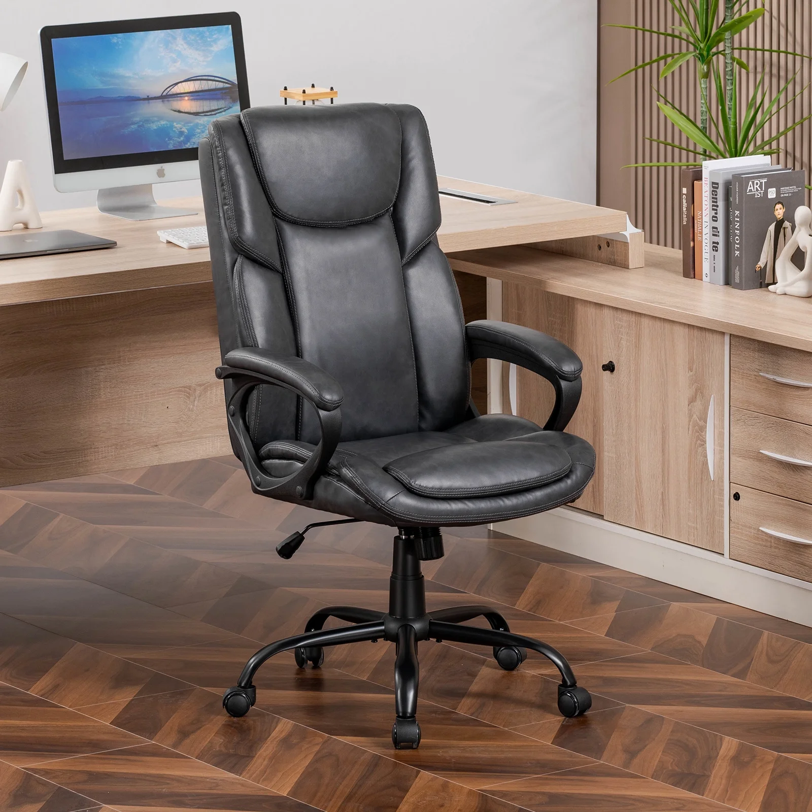 Mainstays Executive Ergonomic High Back Leather Home Office Desk Chair, Black - Image 29