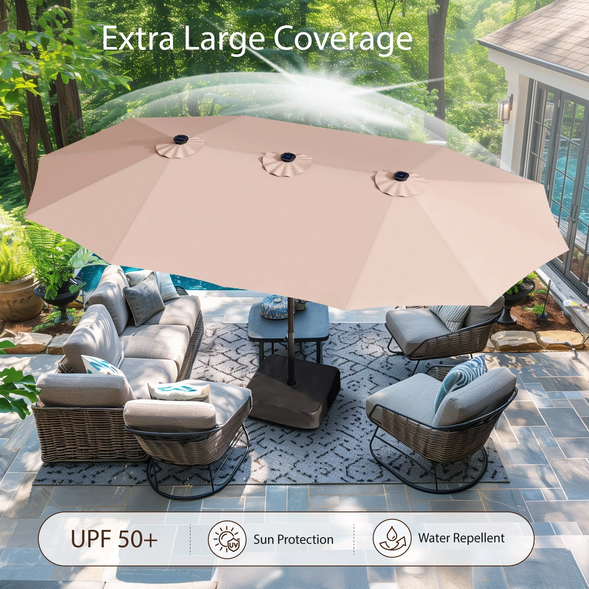 Alpha Joy 15ft Extra Large Outdoor Patio Double-Sided Umbrella with LED Solar Lights & Umbrella Base, Beige - Image 2