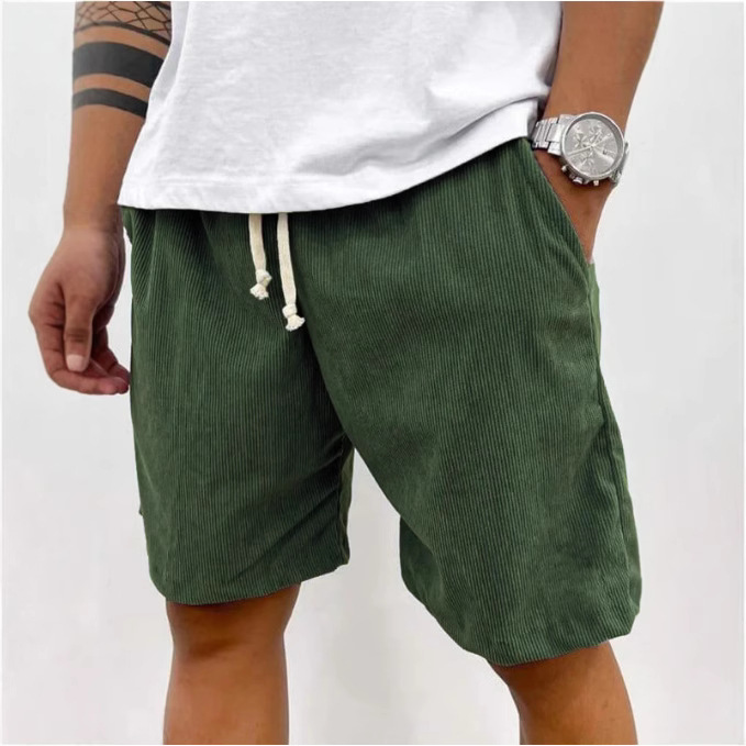 2025 European and American Spring/Summer Solid Color Corduroy Tie-Waist Sports Shorts, Simple Men's Casual Shorts
