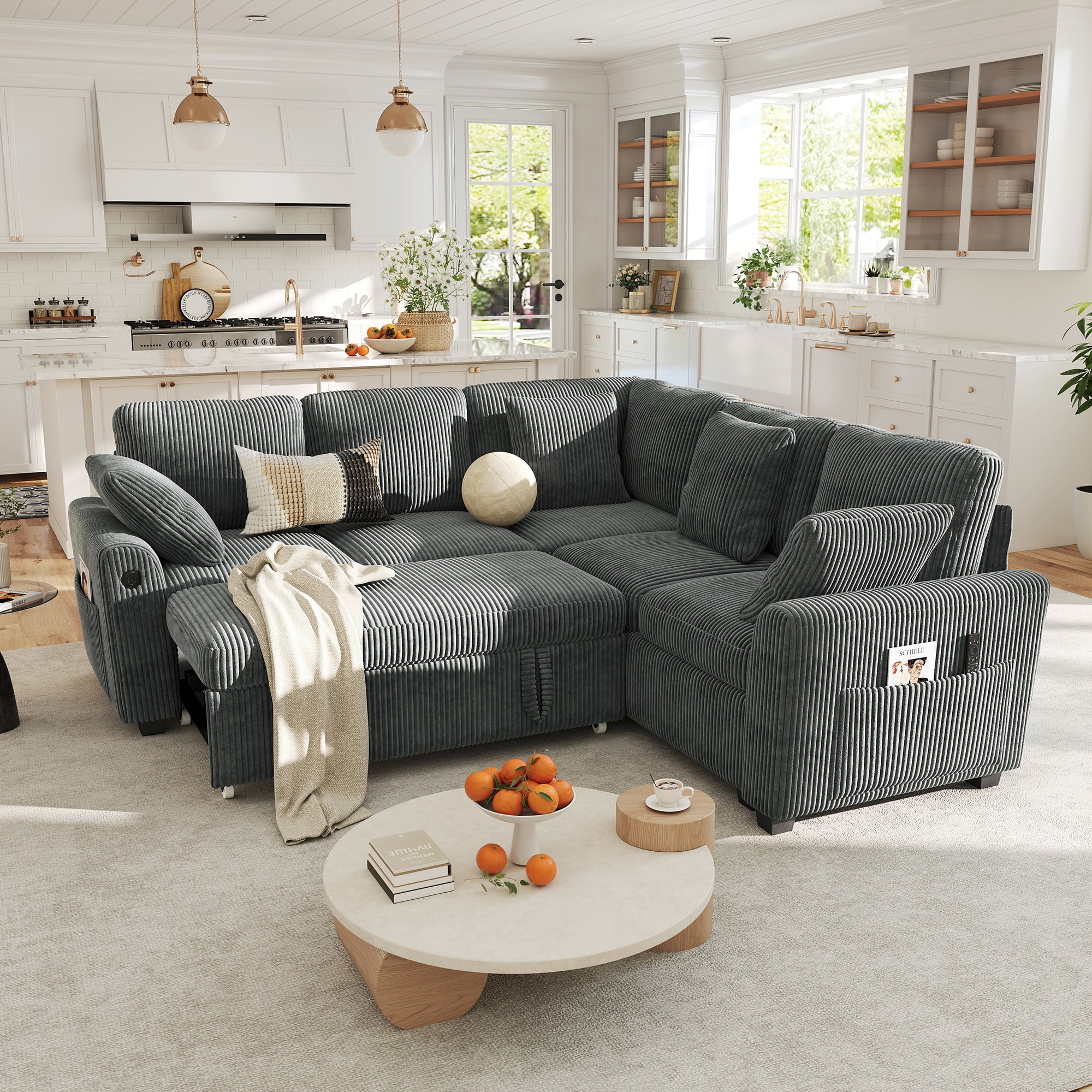 BedLuxury 83" Sectional Sleeper Sofa with Pull Out Bed, L Shaped Couch with Storage Seat for Living Room, Gray - Image 9