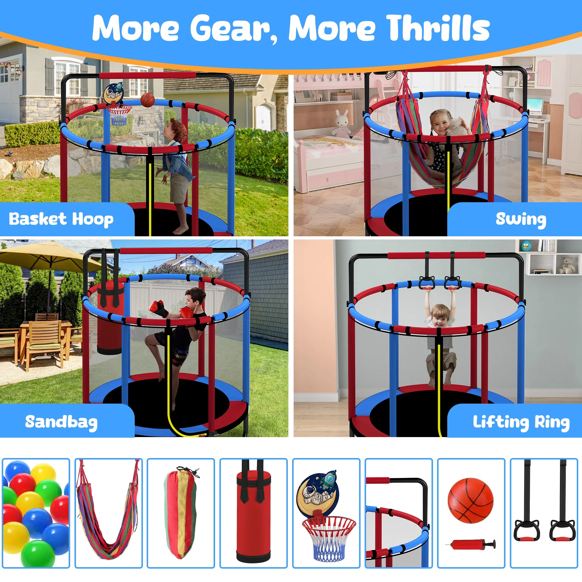 Mini Round Trampoline for Kids with Basketball Hoop, SEGMART 55'' Indoor Outdoor Toddler Trampoline with Enclosure Net, Swing, Sandbag, Ring, Ocean Balls, Small Trampoline Gift for Boys Girls, Blue - Image 4