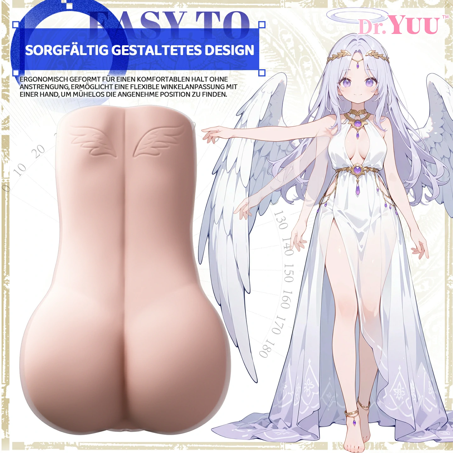 Rückansicht des ergonomisch geformten Dr.YUU Masturbators mit schlanker Griffzone, eingeprägten Flügelmotiven und komfortablem Einhand-Design
