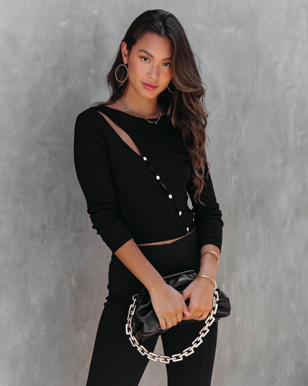 Look At Me Knit Cutout Long Sleeve Top - Black - Se7enfashion