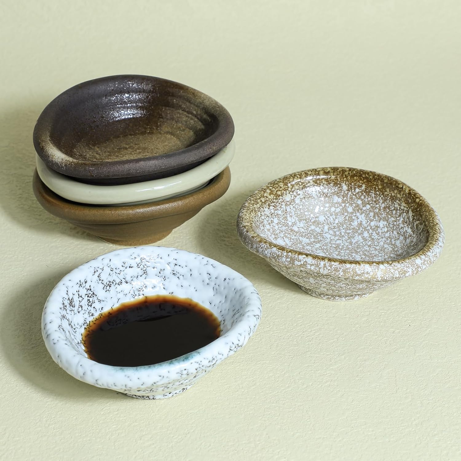 Set of 5 Japanese Vintage Style Ceramic Side Bowls Retro Seasoning Dishes Soy Dipping Dishes - 3.5 Inch