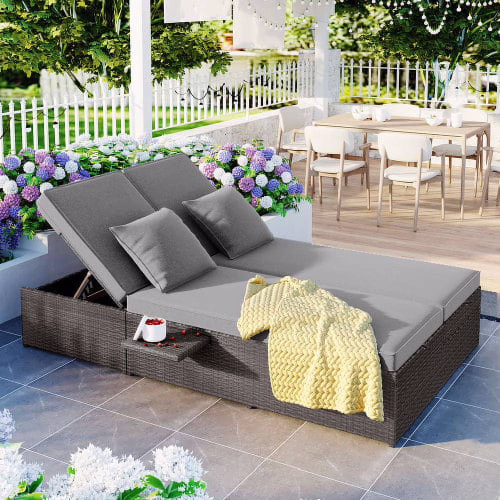 Harper & Bright Designs Rattan Outdoor Double Lounge Chaise 2-Person PE Wicker Outdoor Patio Sunbed with Canopy Cover for Backyard Garden Balcony, Beige+Black - Image 8