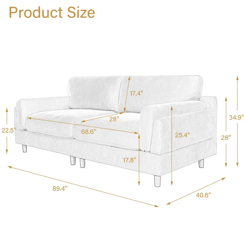 90-Inch Oversized Corduroy Sofa for Living Room with Reversible Cushions