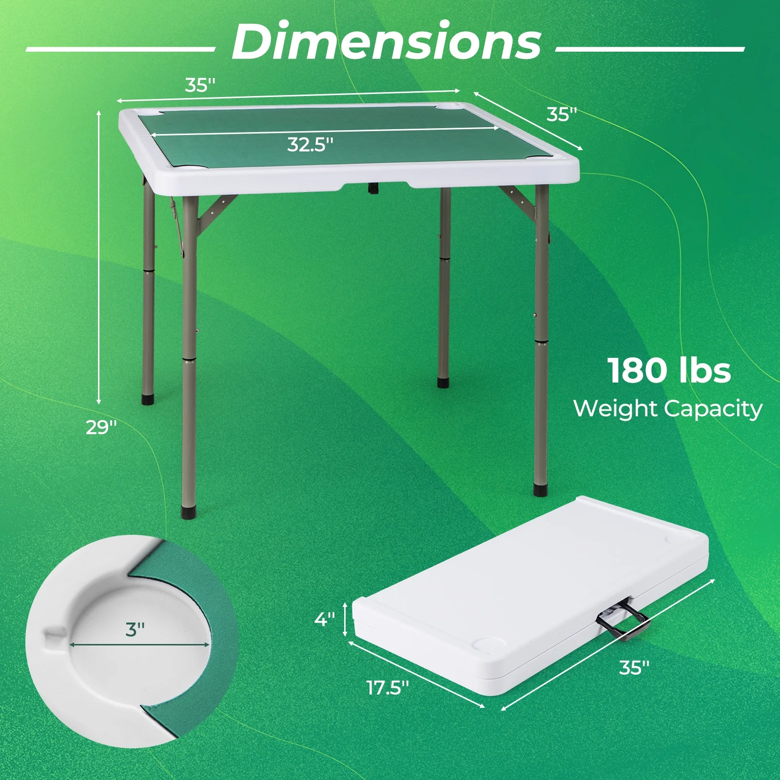 Costway 35" Folding Mahjong Table with Cup Holders & Smooth Felt Mat Carrying Handle Green - Image 4