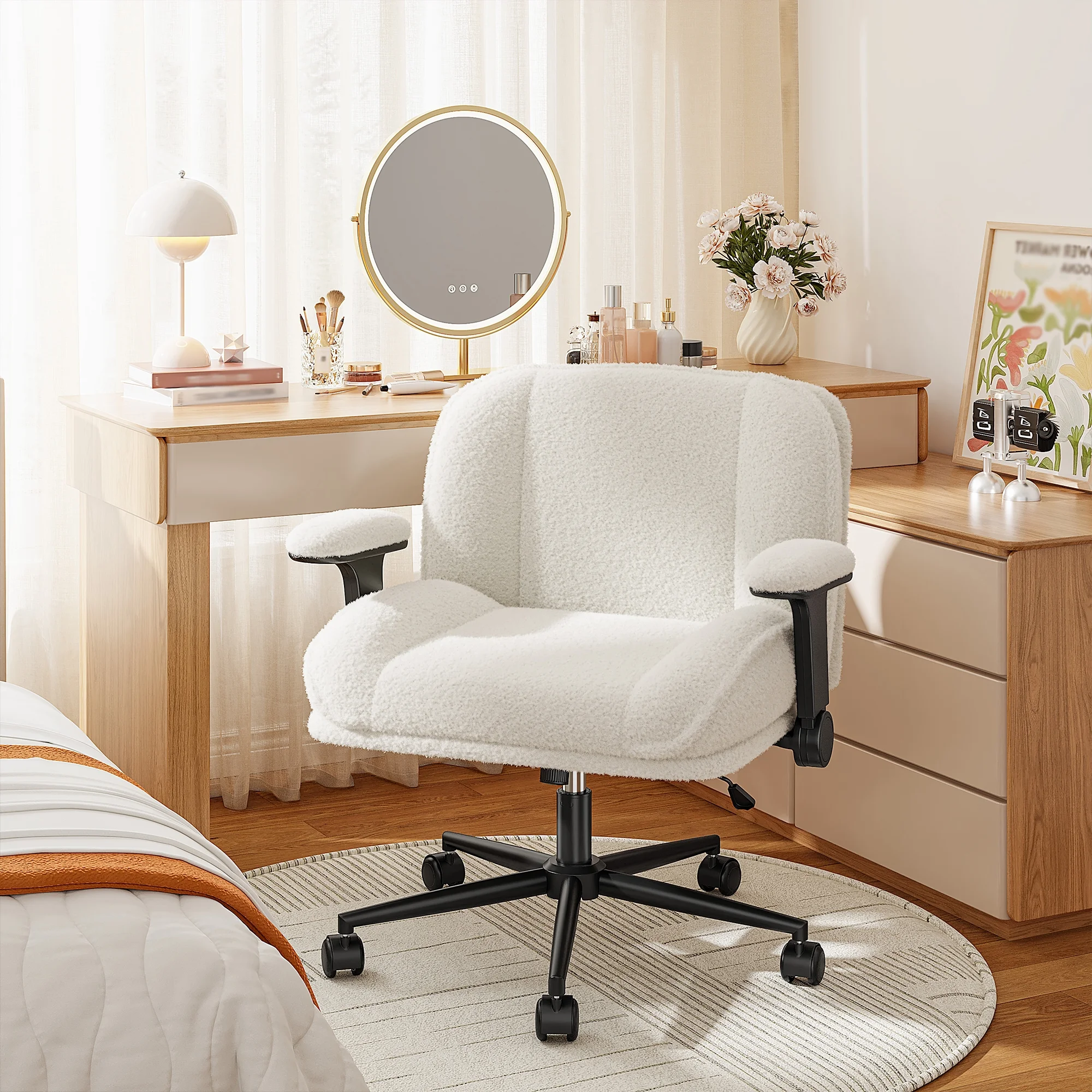 Romorgniz Criss Cross Chair with Adjustable Arms & Lumbar Support Office Chair with Reclining Back, Thick Cushion & Wheels for Office, Gaming, Reading, Vanity, Off-White - Image 8