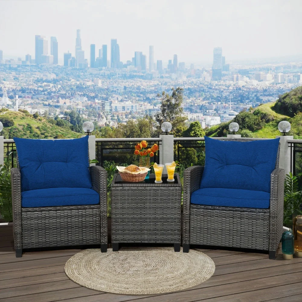 Kadyn Outdoor Seating Sets,Garden Conversation Sets,3 Pieces Outdoor Wicker Conversation Set with Tempered Glass Tabletop-Navy - Image 7