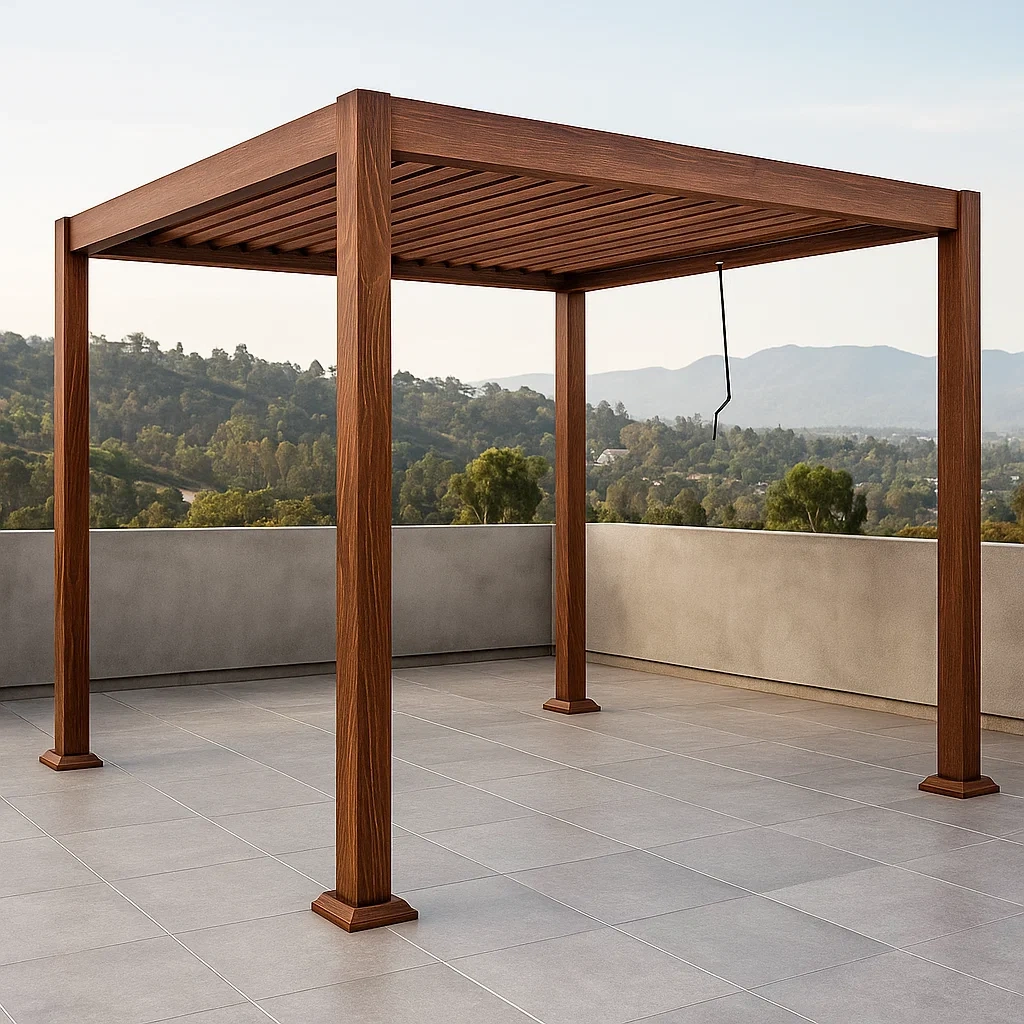 Pérgola cuadrada,madera,color nogal,techo lamas,instalación fija,300x300x250 cm,para terraza o jardín - PNFHGwm4Ymt4